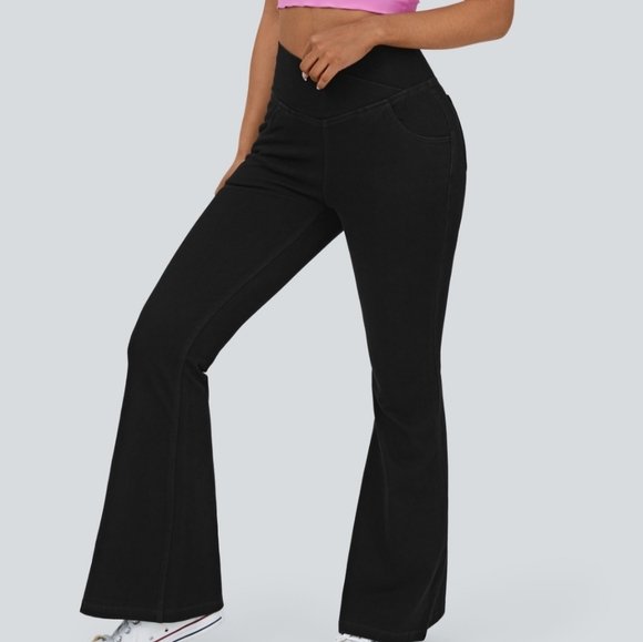 HALARA Denim - NWT!! Denim Crossover Waist Black Pocket Flare Stretch Knit High Waisted Md Tall